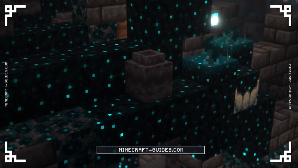 An Ancient Vase from Deeper and Darker sitting among Sculk in the deepslate ruins of an Ancient City