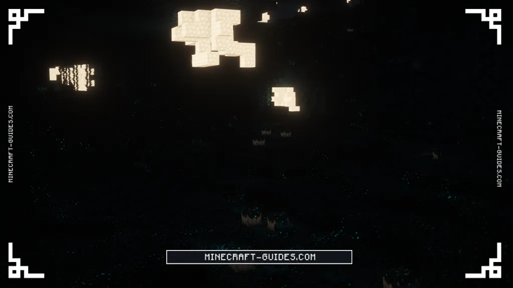 Several clumps of Sculk Gleam glowing on the ceiling of a dark Deeplands cavern in Deeper and Darker