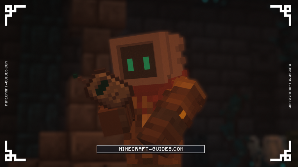 A player holding a Sculk Transmitter from the Deeper and Darker mod in a dark brick room