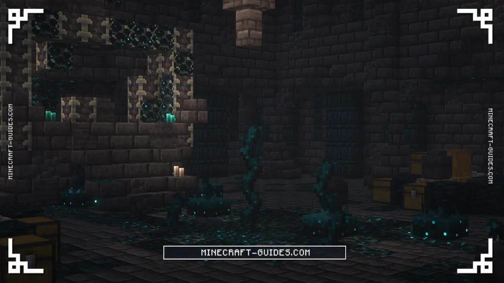 The dark brick secret room of an Ancient Temple from the Deeper and Darker mod, with sculk vines and Chests along the walls