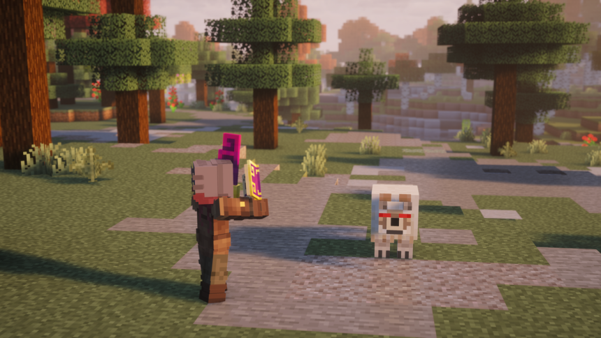A Straw Statue holding an Archmage Spell Book and facing a Wilden Hunter in a forest