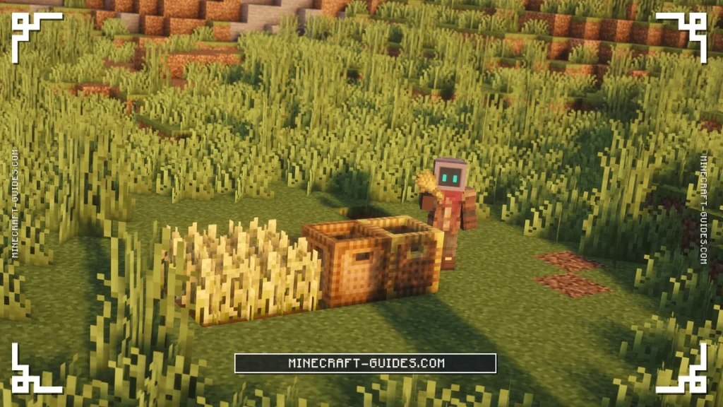 A Basket and a Bamboo Basket at the edge of a Wheat field, the player holding Wheat