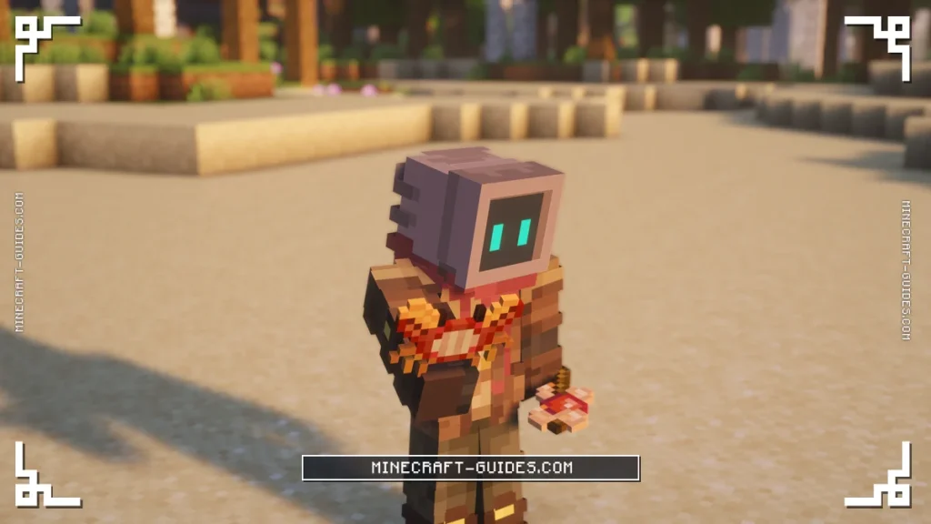 Close-up of the player holding a Cooked Crab and a Shrimp Skewer on a beach