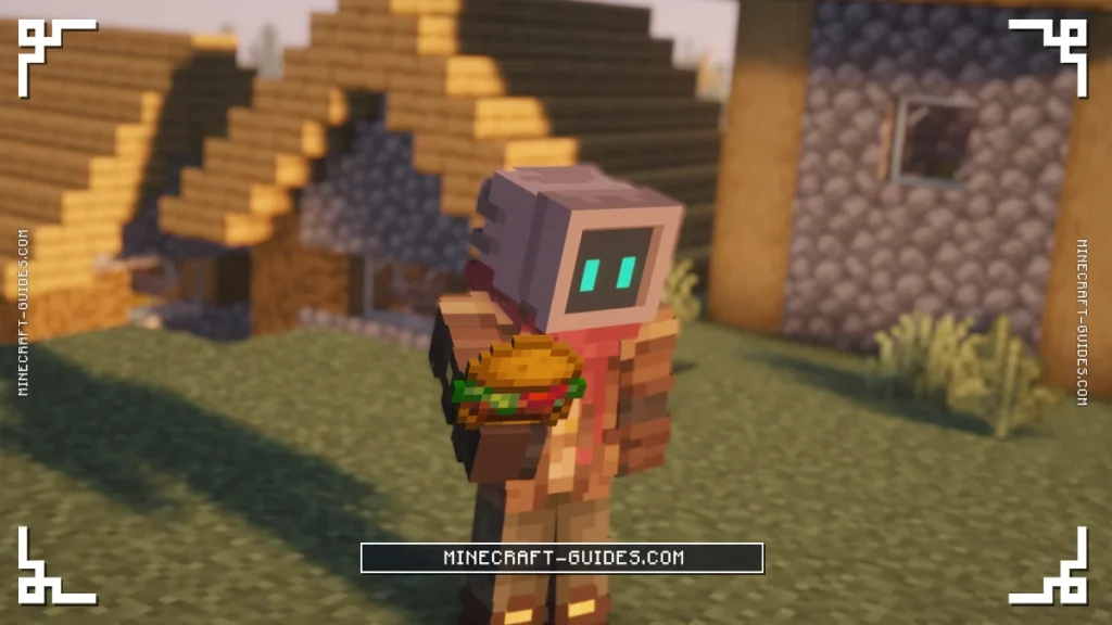 Close-up of the player holding a Hamburger in a village