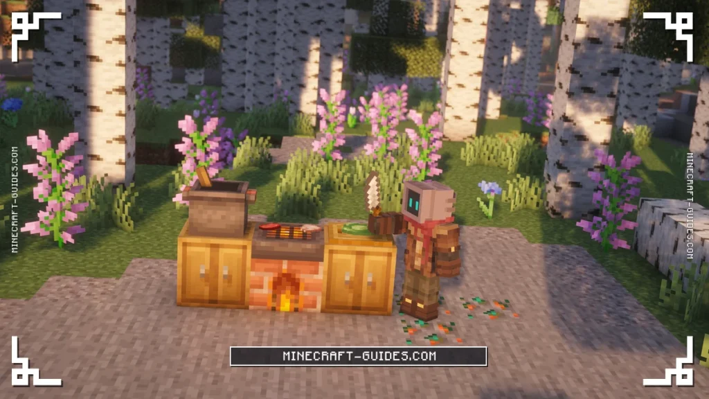 The player cooking at a Stove grilling meat, with a Cooking Pot and a Cutting Board either side