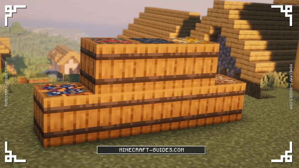 Crab, Clam, Shrimp, Clawster, Cod, Salmon, Squid and Pufferfish Barrels stacked in a village