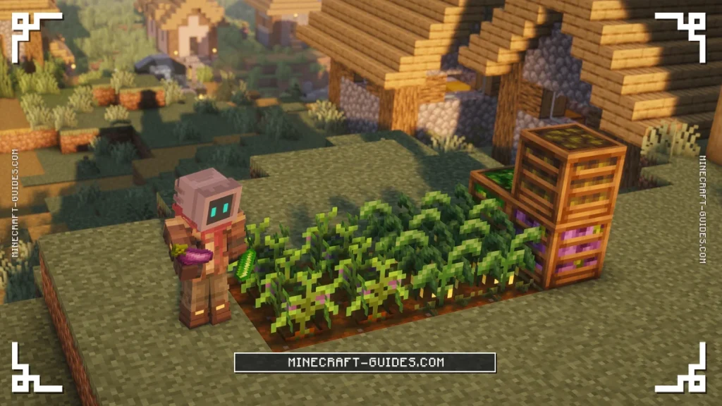 Eggplants and Cucumbers ready to pick beside Eggplant, Cucumber and Avocado Crates, the player holding an Eggplant