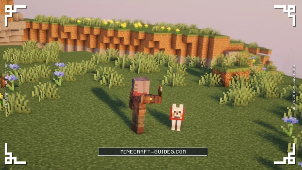 The player offering Dog Food to a tamed, sitting Wolf