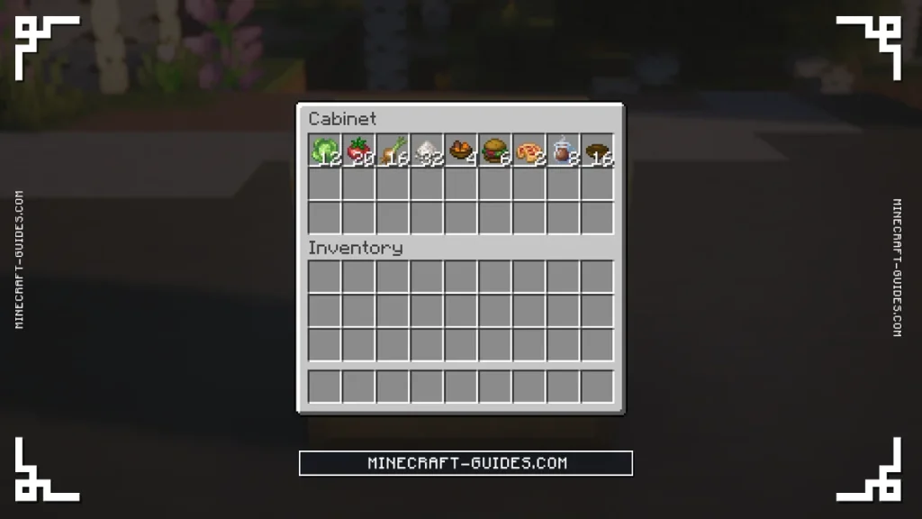 An open Birch Cabinet stocked with Cabbages, Tomatoes, Onions, Rice, Beef Stew, Hamburgers, Apple Pie, Hot Cocoa and Bowls