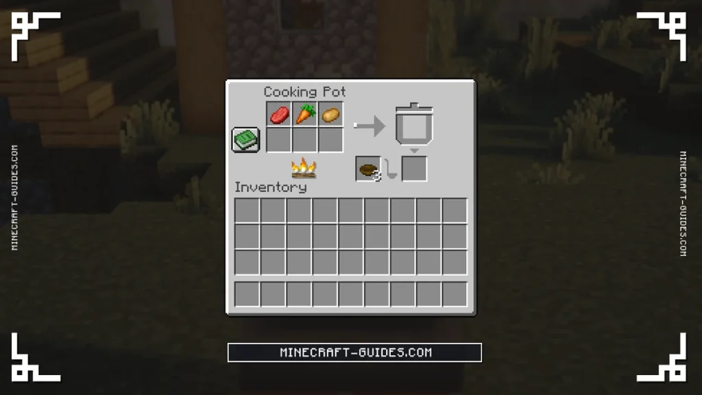 Cooking Pot screen with Raw Beef, a Carrot and a Potato in the ingredient slots and Bowls in the container slot