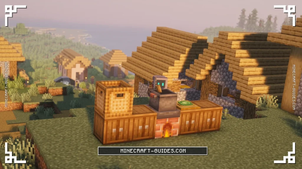 Outdoor kitchen with a Cooking Pot on a lit Stove, Spruce Cabinets and a Cutting Board holding a Cabbage