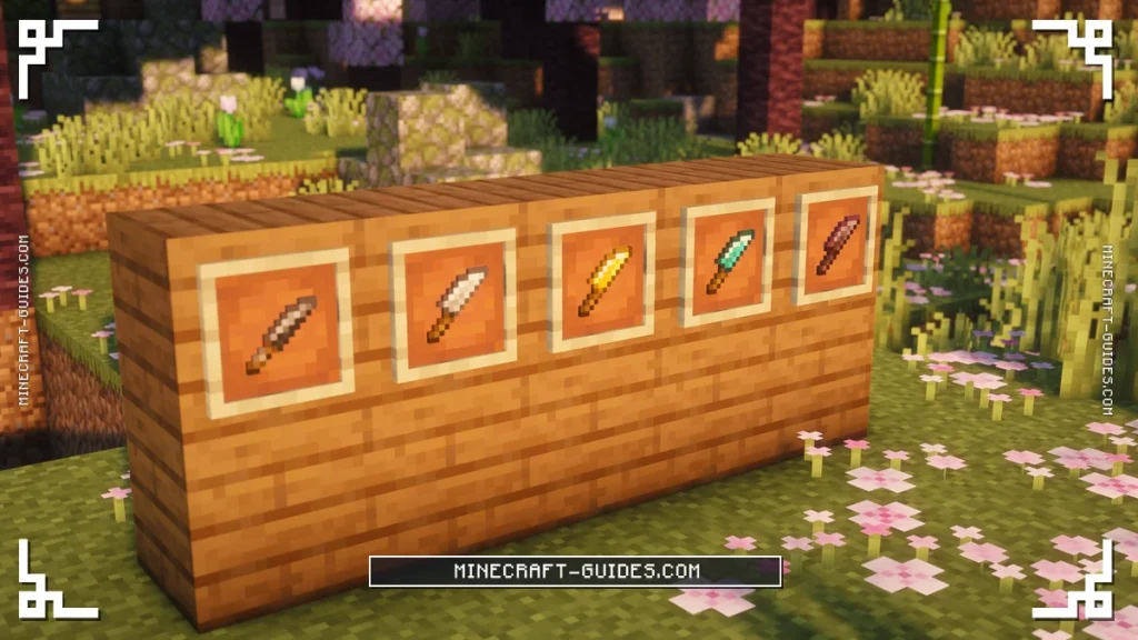 Flint, Iron, Golden, Diamond and Netherite Knives in Item Frames on a Spruce wall