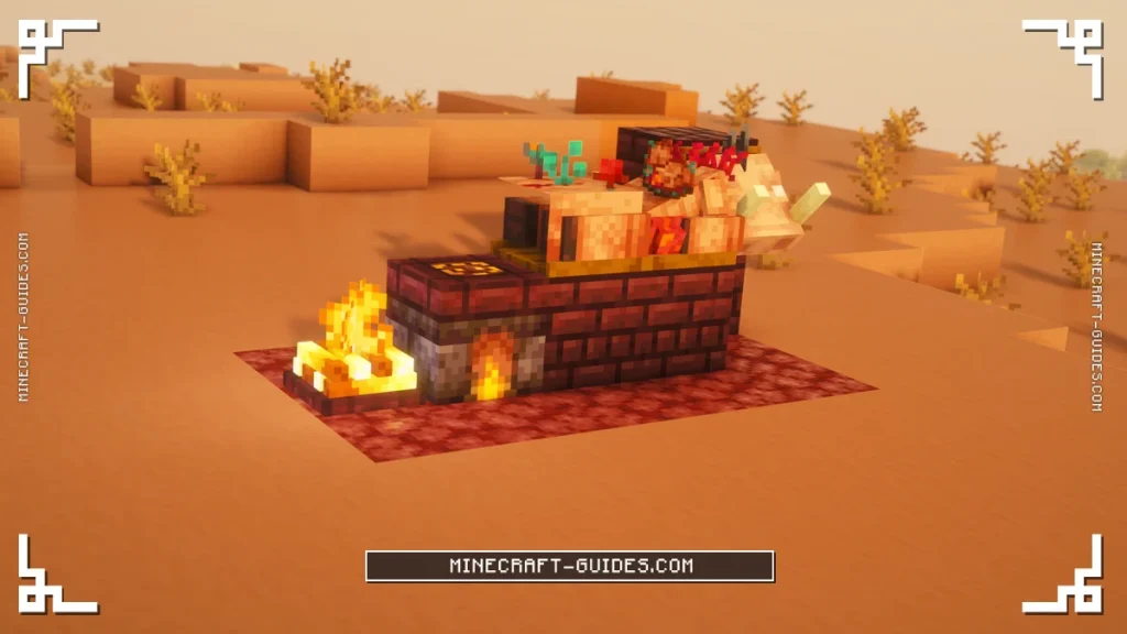 The Stuffed Hoglin feast on Nether Bricks beside a Nether Stove and a lit Blazier, with a Hoglin Trophy