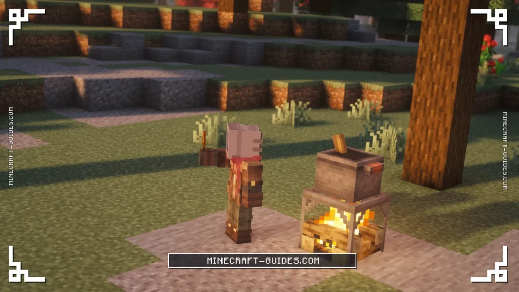 The player holding Beef Stew beside a Cooking Pot on a Campfire