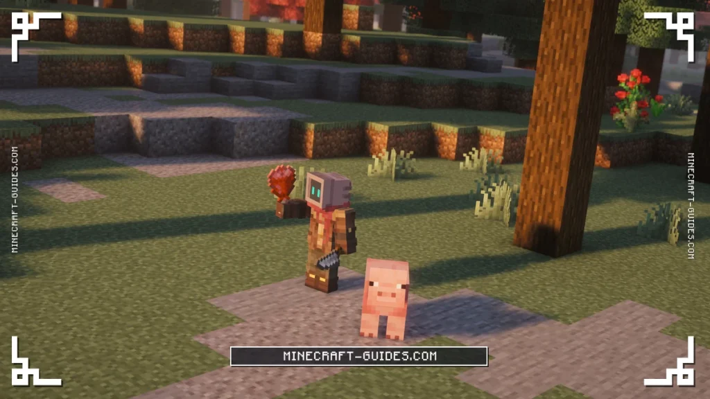 The player holding a Ham and an Iron Knife next to a Pig