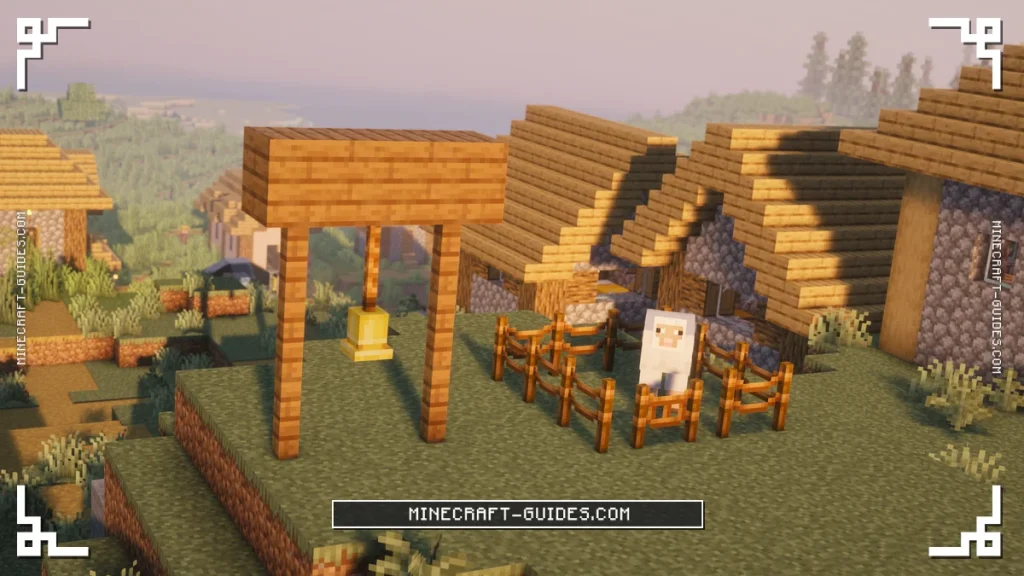 A Bell hanging from Rope beside a Rope Fence pen with a Rope Fence Gate and a Sheep