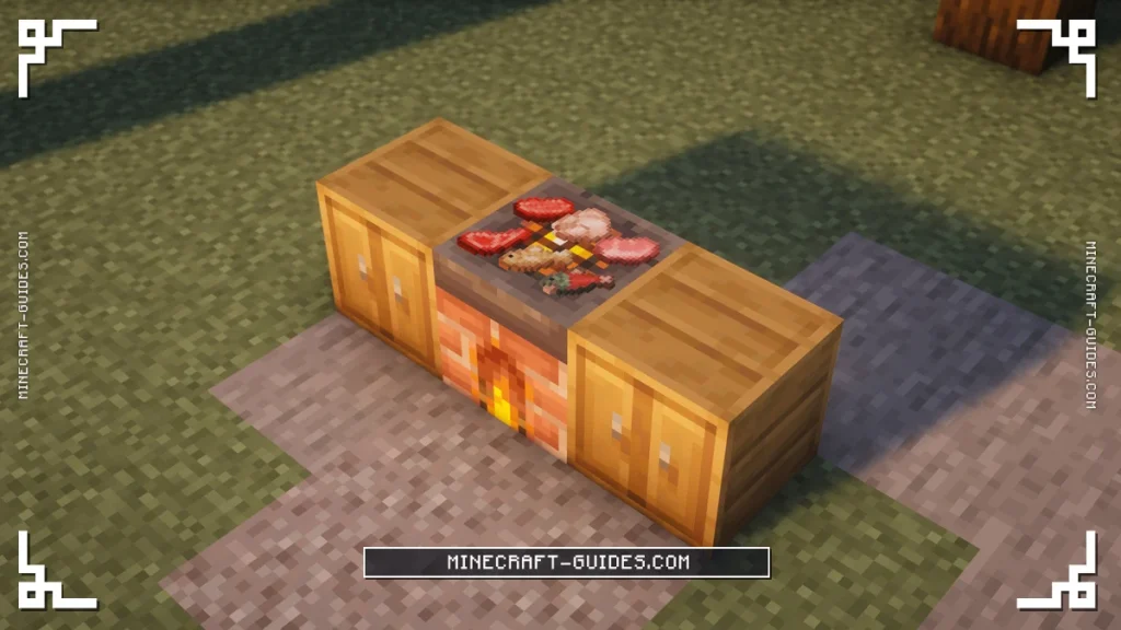 A lit Stove grilling Raw Beef, Chicken, Porkchop, Mutton, Cod and Salmon between two Oak Cabinets