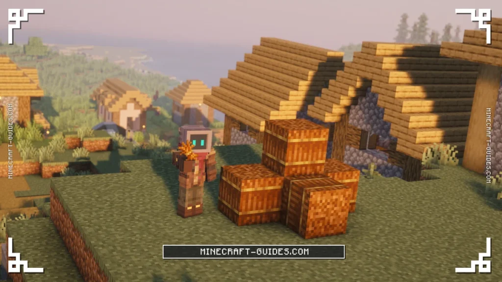 Straw Bales stacked beside a village, the player holding Straw