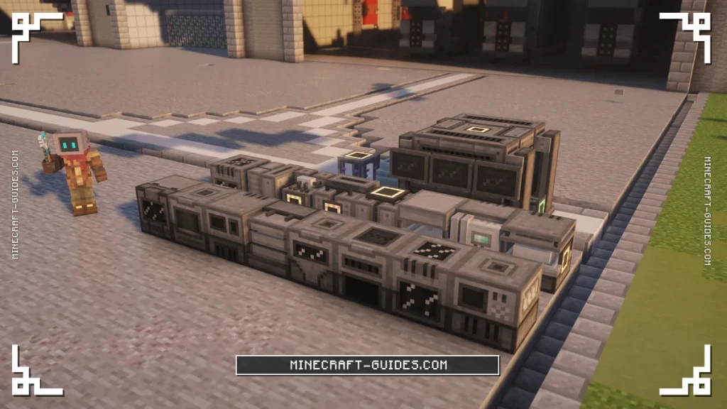Two rows of Mekanism machines, from the Enrichment Chamber to the Digital Miner, lined up outside a hangar