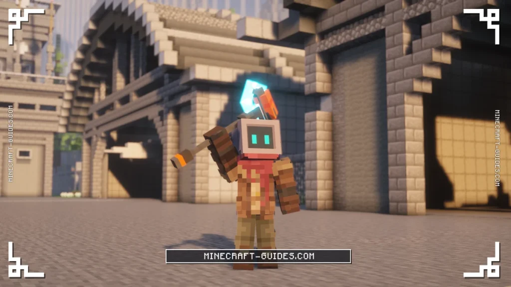 A statue holding a Mekanism Atomic Disassembler up outside a hangar
