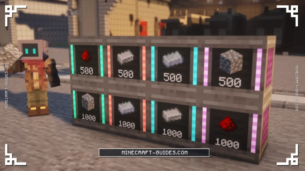 A wall of Basic, Advanced, Elite and Ultimate Bins showing Cobblestone, Osmium, Iron and Redstone counts in Mekanism