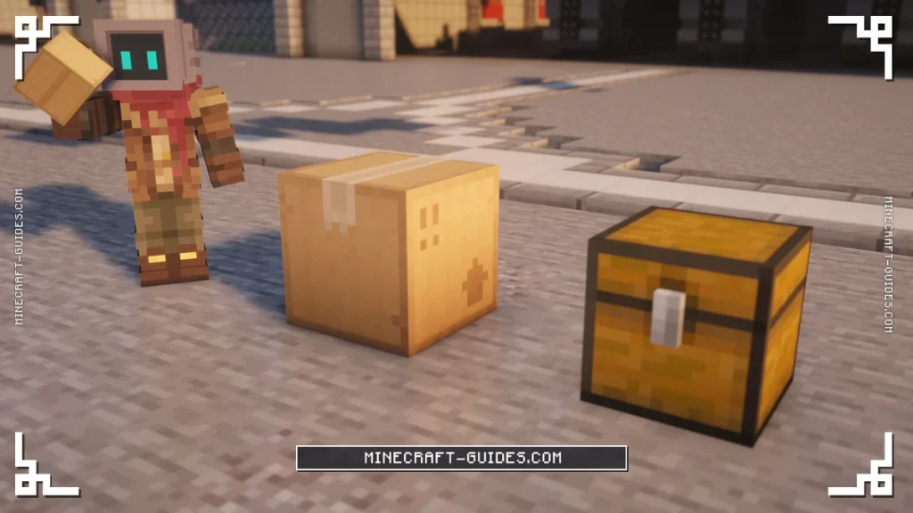 A packed Cardboard Box next to a Chest, with a statue holding another Cardboard Box in Mekanism