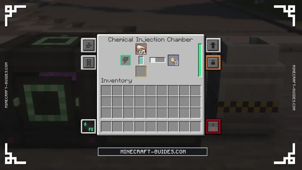 The Mekanism Chemical Injection Chamber screen with Hydrogen Chloride in its tank and Raw Iron in the input slot