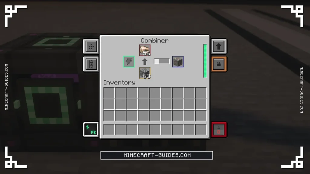 The Mekanism Combiner screen with Raw Iron in the main slot and Cobblestone in the extra slot