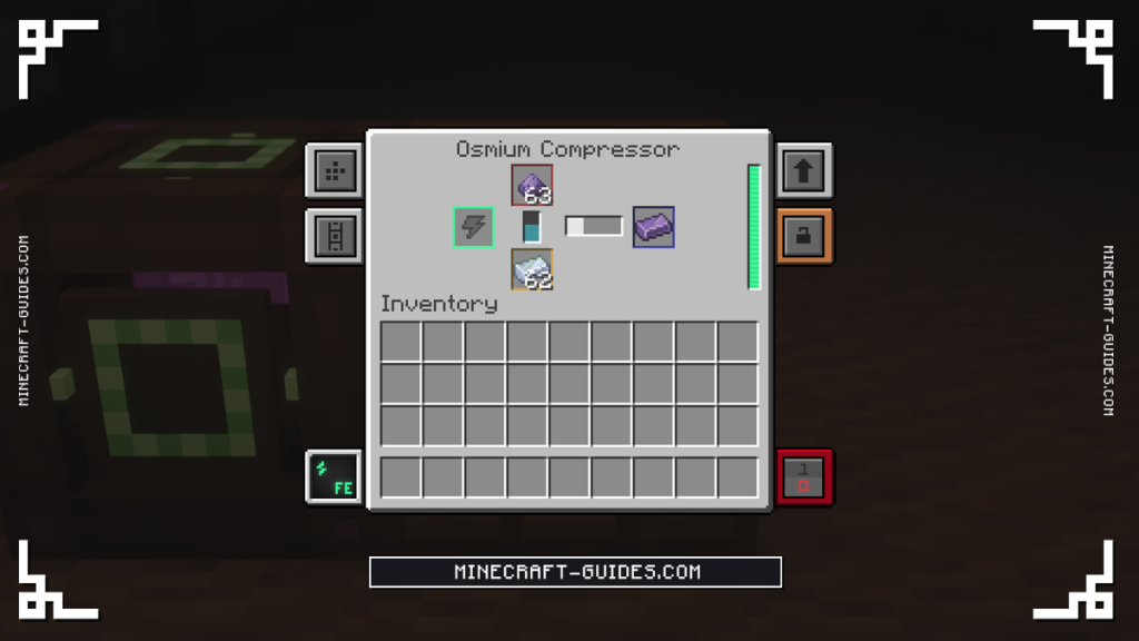 The Mekanism Osmium Compressor screen pressing Refined Obsidian Dust with an Osmium Ingot below it