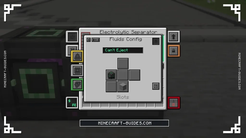 The Mekanism Fluids Config screen of an Electrolytic Separator with its side buttons
