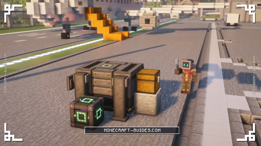 A running Digital Miner with a Chest on its back port and an Energy Cube on each side in Mekanism