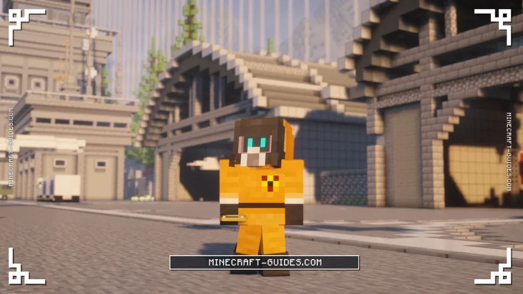 A statue wearing the full Mekanism Hazmat Suit and holding a Geiger Counter outside a hangar