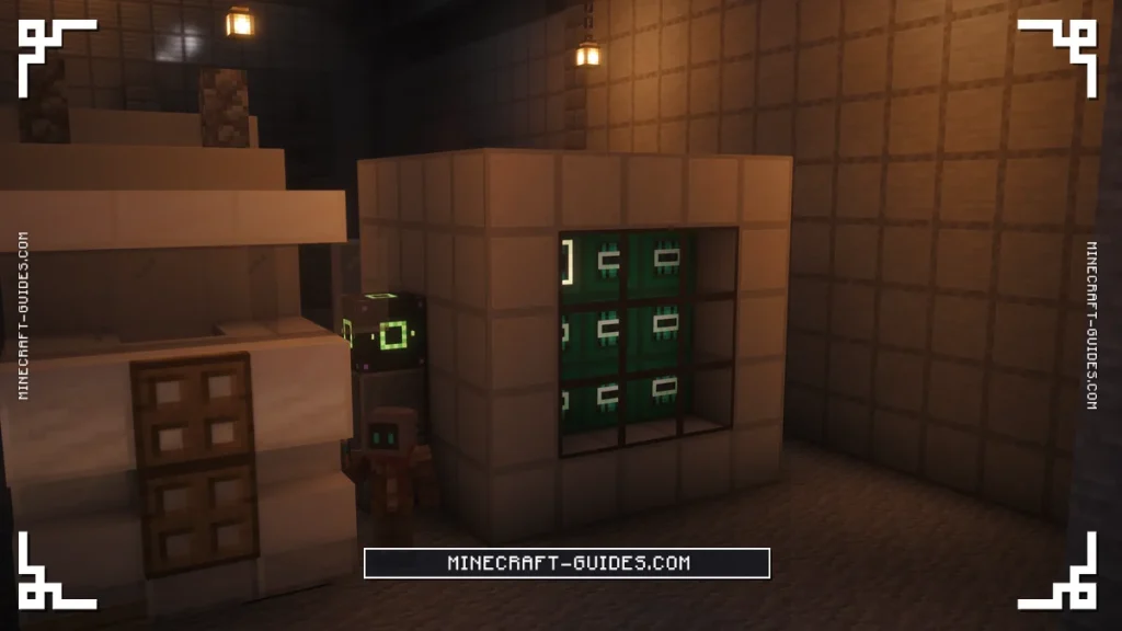 A 5x5x5 Induction Matrix with Induction Cells glowing behind Structural Glass inside a lantern-lit Mekanism hangar