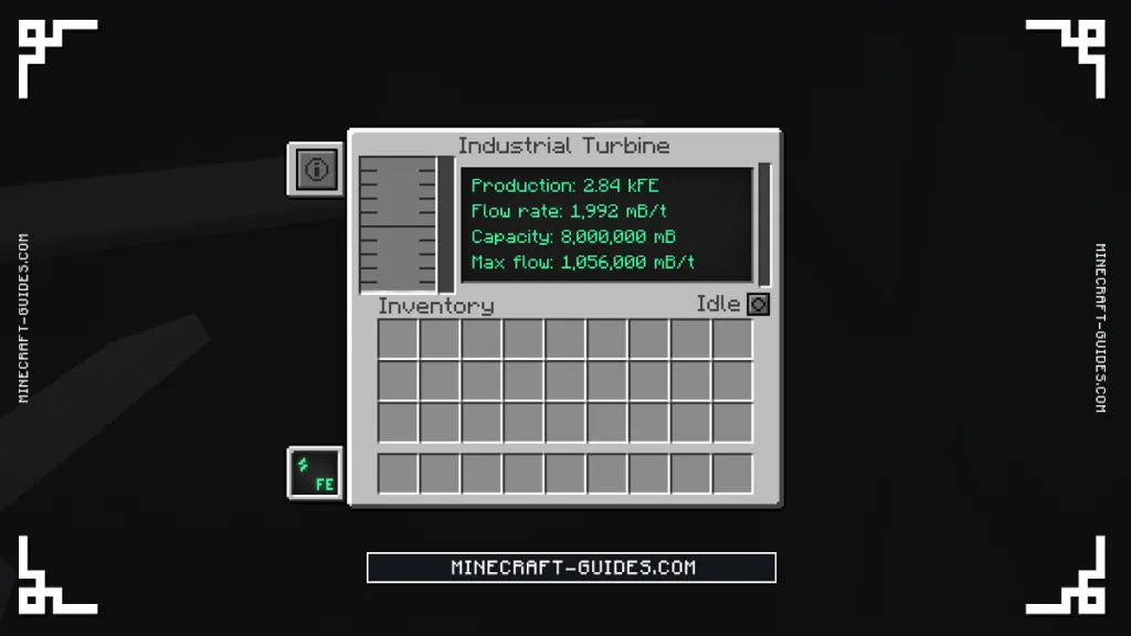 The Mekanism Industrial Turbine screen producing power from a steady Steam flow