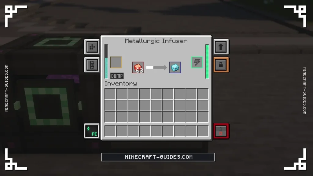 The Mekanism Metallurgic Infuser screen with Diamond Dust in the infusion slot and Infused Alloy going in