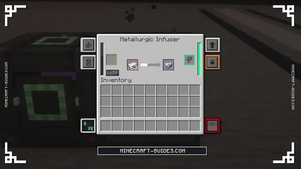 The Mekanism Metallurgic Infuser screen with Coal in the infusion slot and Iron Ingots being infused