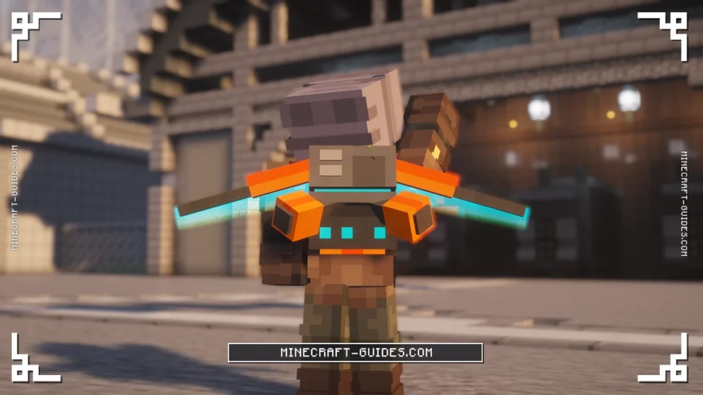 A statue wearing a Mekanism Jetpack seen from behind outside a hangar