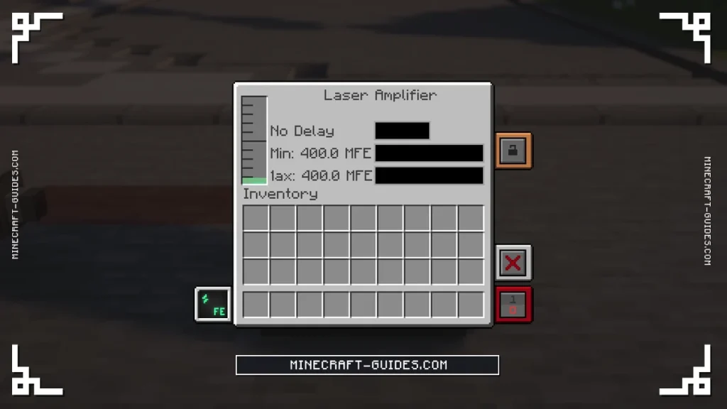 The Mekanism Laser Amplifier screen with its Min and Max set to 400 million FE