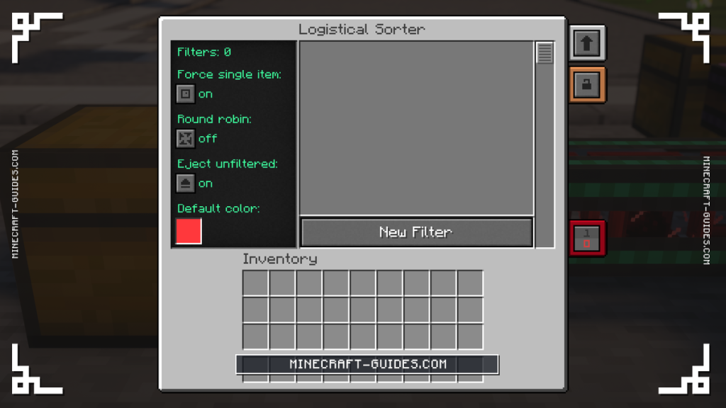 The Mekanism Logistical Sorter screen with its filter list and Auto mode