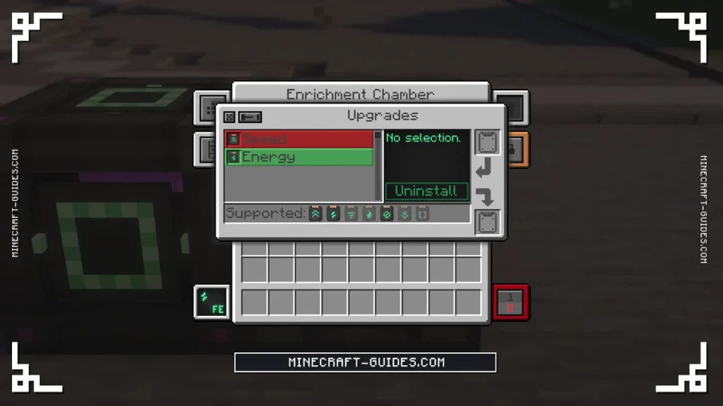The Mekanism Upgrades tab of an Enrichment Chamber showing Speed and Energy Upgrades installed