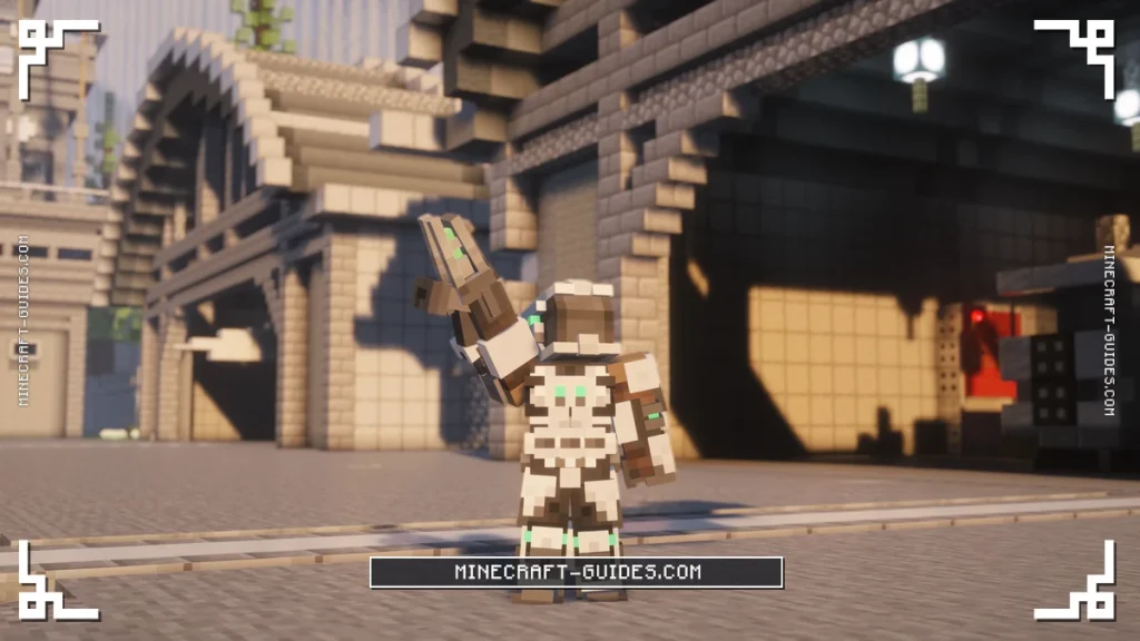 A statue wearing the full Mekanism MekaSuit and raising a Meka-Tool outside a hangar