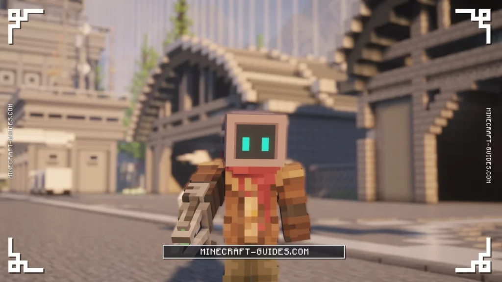 A statue holding a Meka-Tool outside a hangar in Mekanism