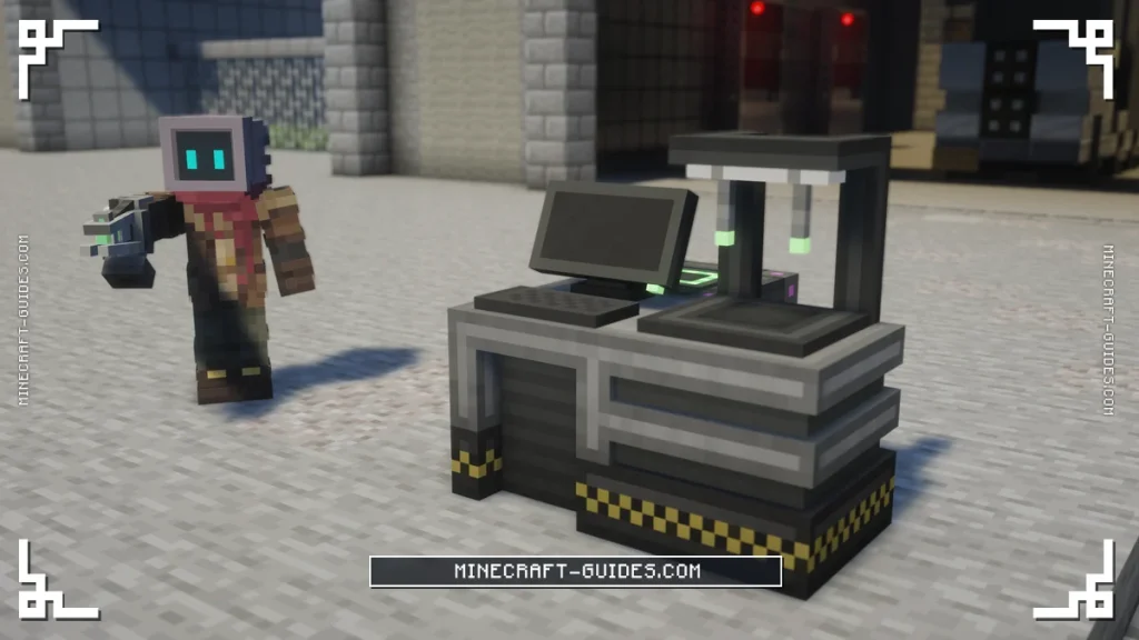A Modification Station with a statue holding a Meka-Tool beside it on a Mekanism apron