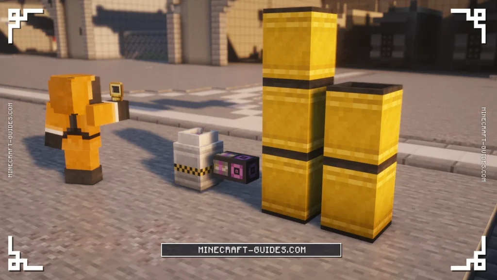 Stacked Radioactive Waste Barrels fed Nuclear Waste by a Pressurized Tube, with a statue in a Hazmat Suit, in Mekanism