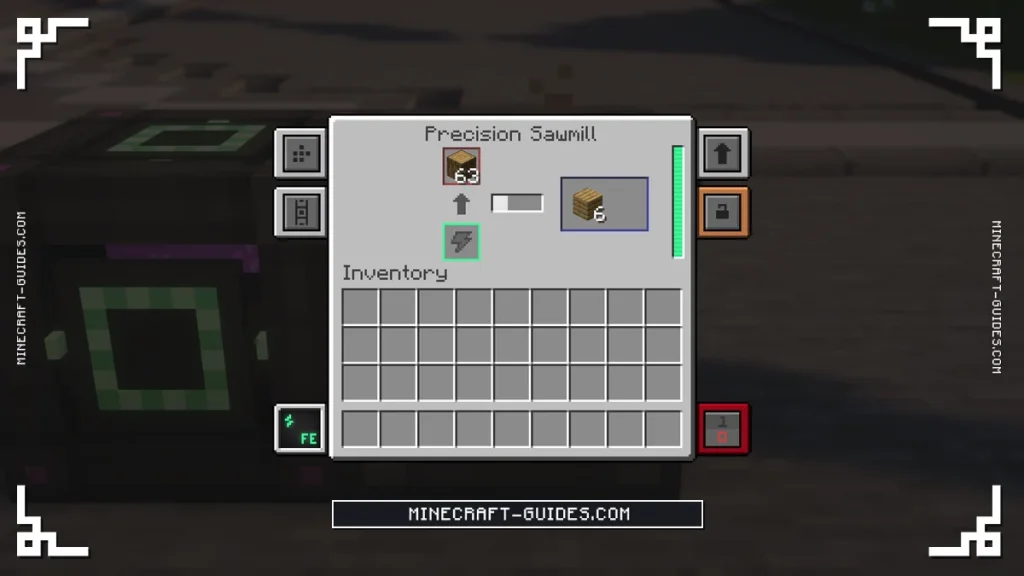 The Mekanism Precision Sawmill screen cutting Oak Logs into planks with a chance of Sawdust