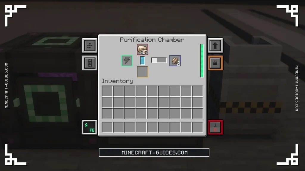 The Mekanism Purification Chamber screen using Oxygen to turn Raw Iron into Iron Clumps