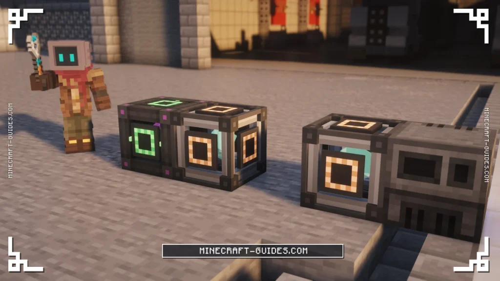 Two Quantum Entangloporters on a Mekanism apron, one beside an Energy Cube and one beside an Energized Smelter