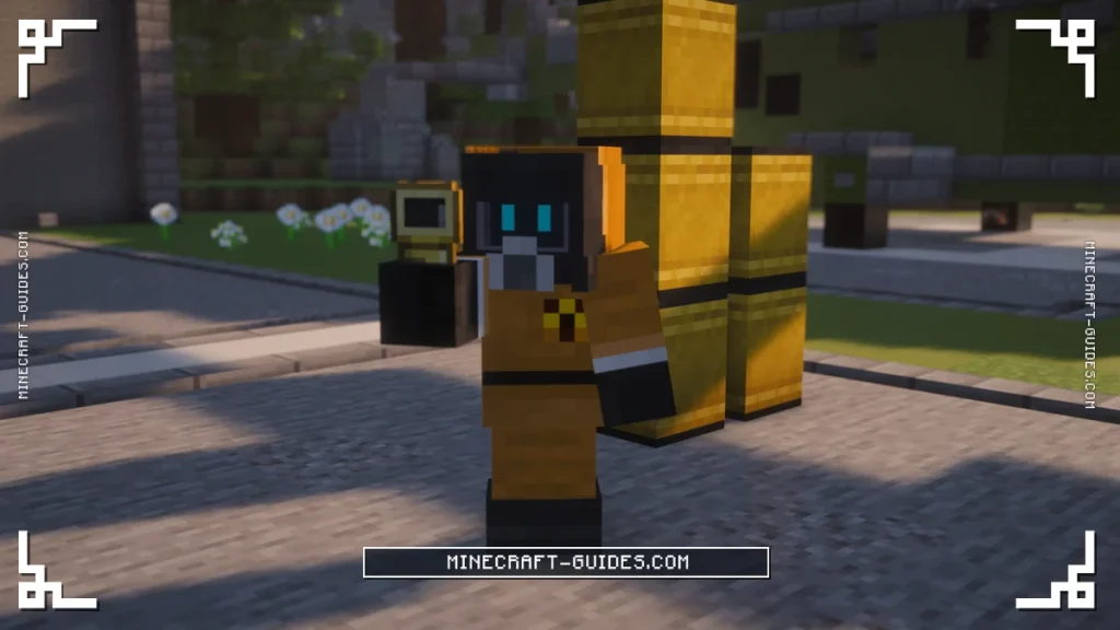 A statue in a full Hazmat Suit holding a Geiger Counter beside Radioactive Waste Barrels in Mekanism