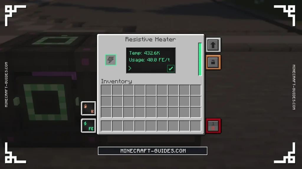 The Mekanism Resistive Heater screen showing its temperature and energy usage