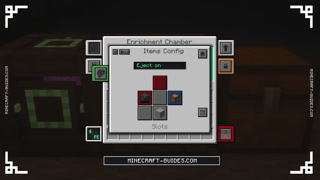 The Mekanism Items Config screen with Eject on, red input sides and a blue output side